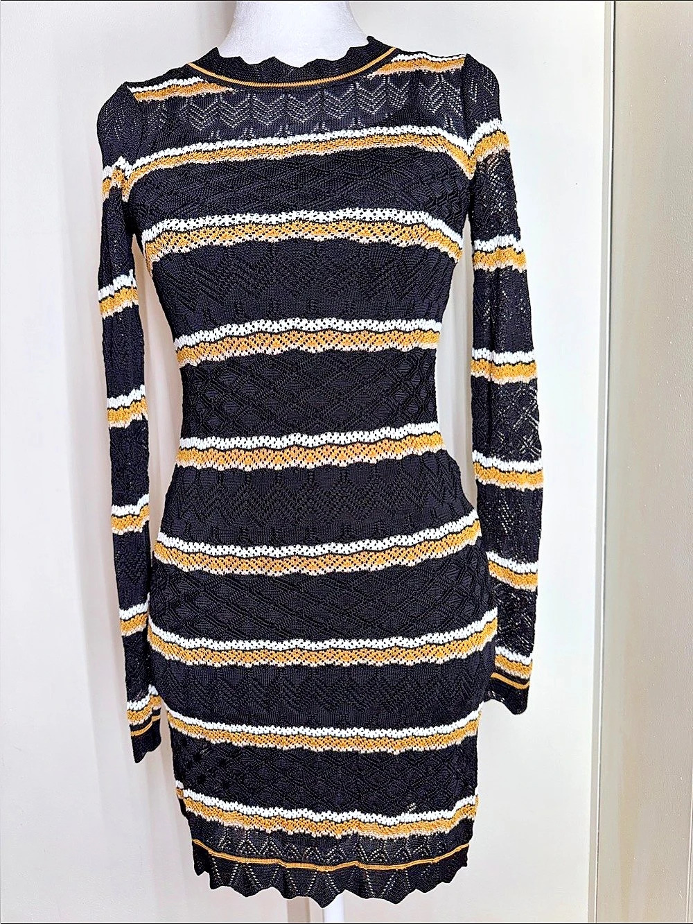 Karen Millen Striped Knit Mini Dress in Black & Yellow Size XS Like New